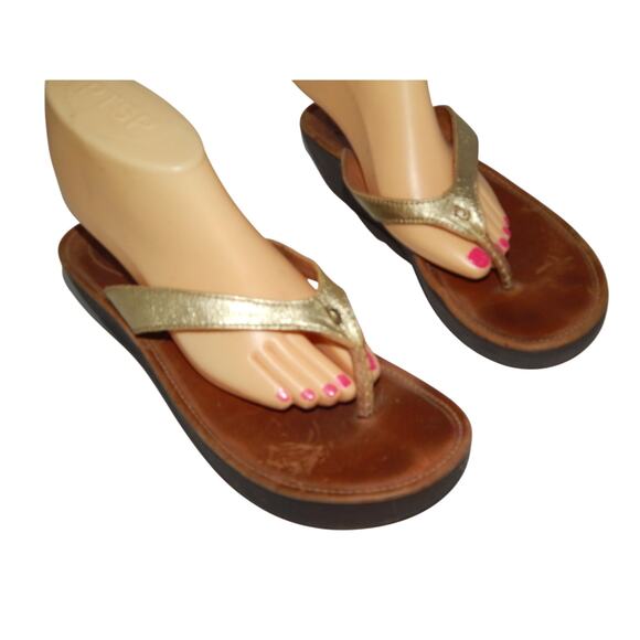 Olukai Hali'a gold leather wedge thong sandals 10 - Picture 2 of 5
